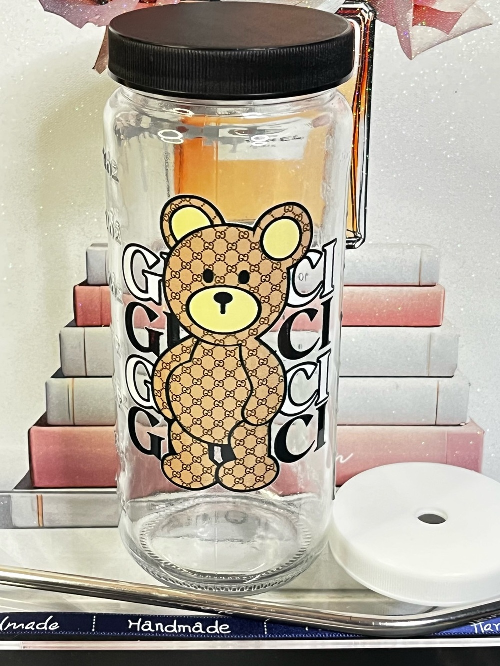 FASHION handmade Clear Glass Bottle with Brown Logo Bear and Black Lid NWT.